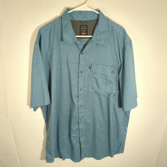 Wrangler ATG XL Shirt Men Blue Outdoor Hiking Short Sleeve Performance Stretch - Picture 1 of 4